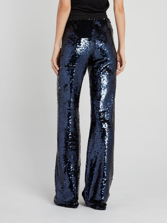 Navy Wide Leg Sequin Trousers