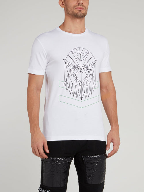 White Geometric Eagle Print T-Shirt