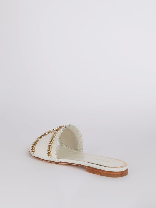 White Chain Embellished Flat Sandals