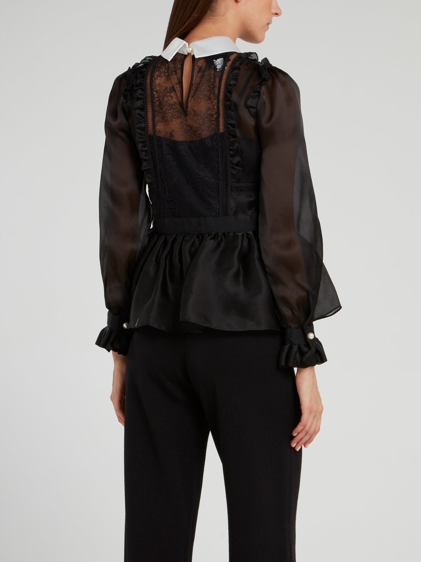 Black Lace Panel Peplum Blouse