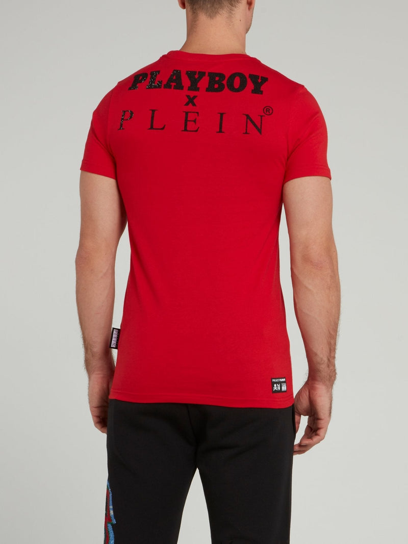 Red Playboy Print Round Neck T-Shirt