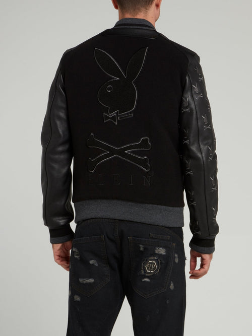 Playboy Leather Sleeve Bomber Jacket