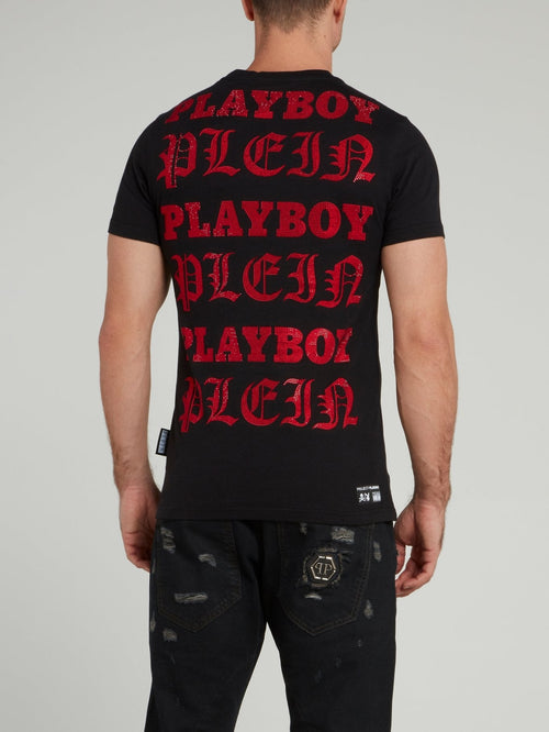 Black Playboy Print Round Neck T-Shirt