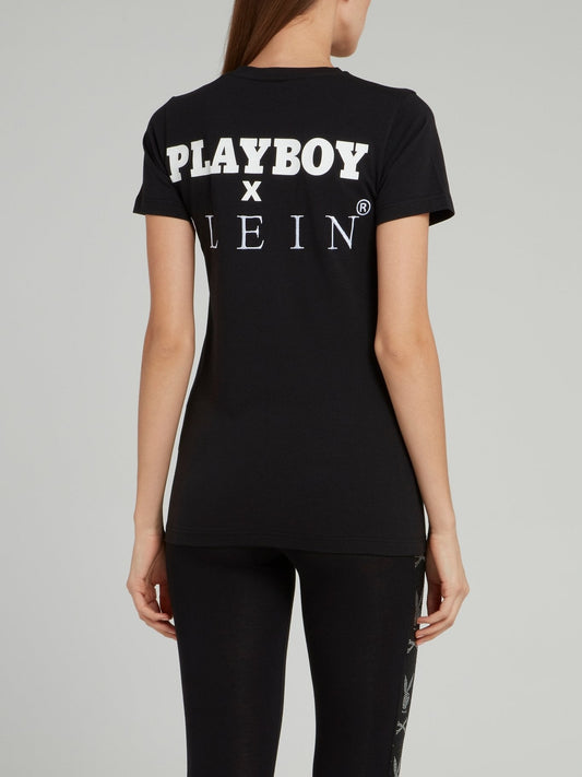 Black Playboy Print Round Neck T-Shirt