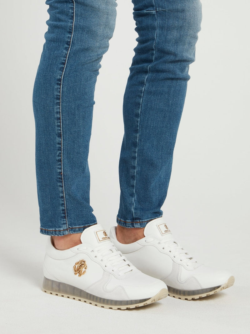 White Embellished Leather Sneakers