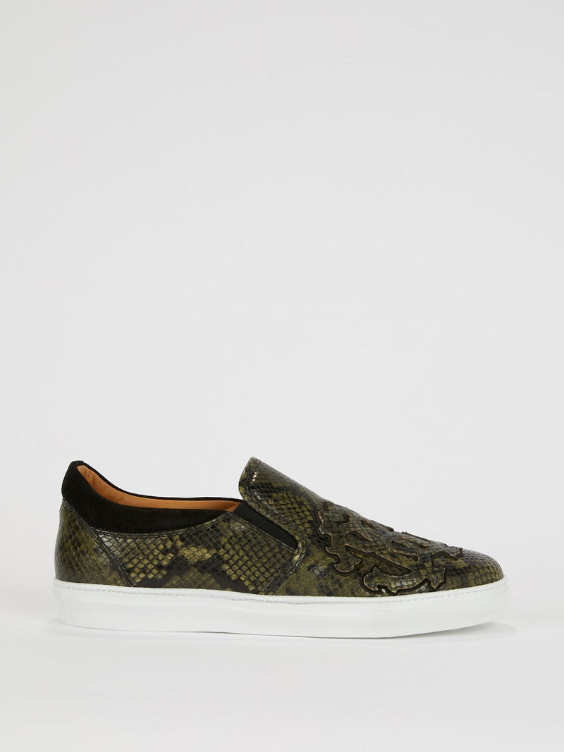 Green Snake-Effect Slip On Sneakers