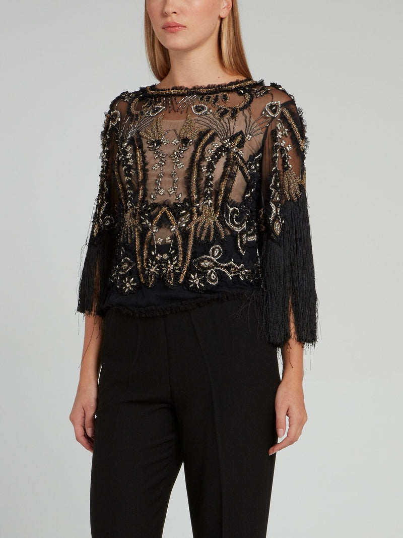 Black Fringe Sleeve Beaded Top