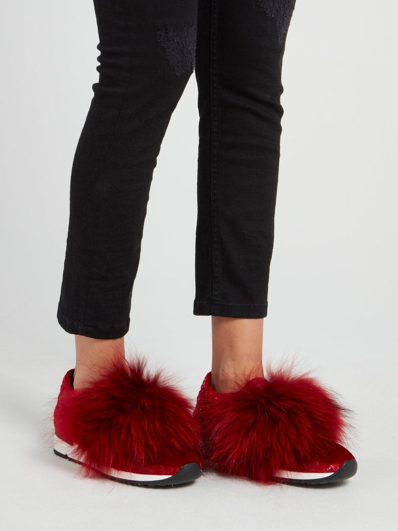 Red Slip On Fur Sneakers