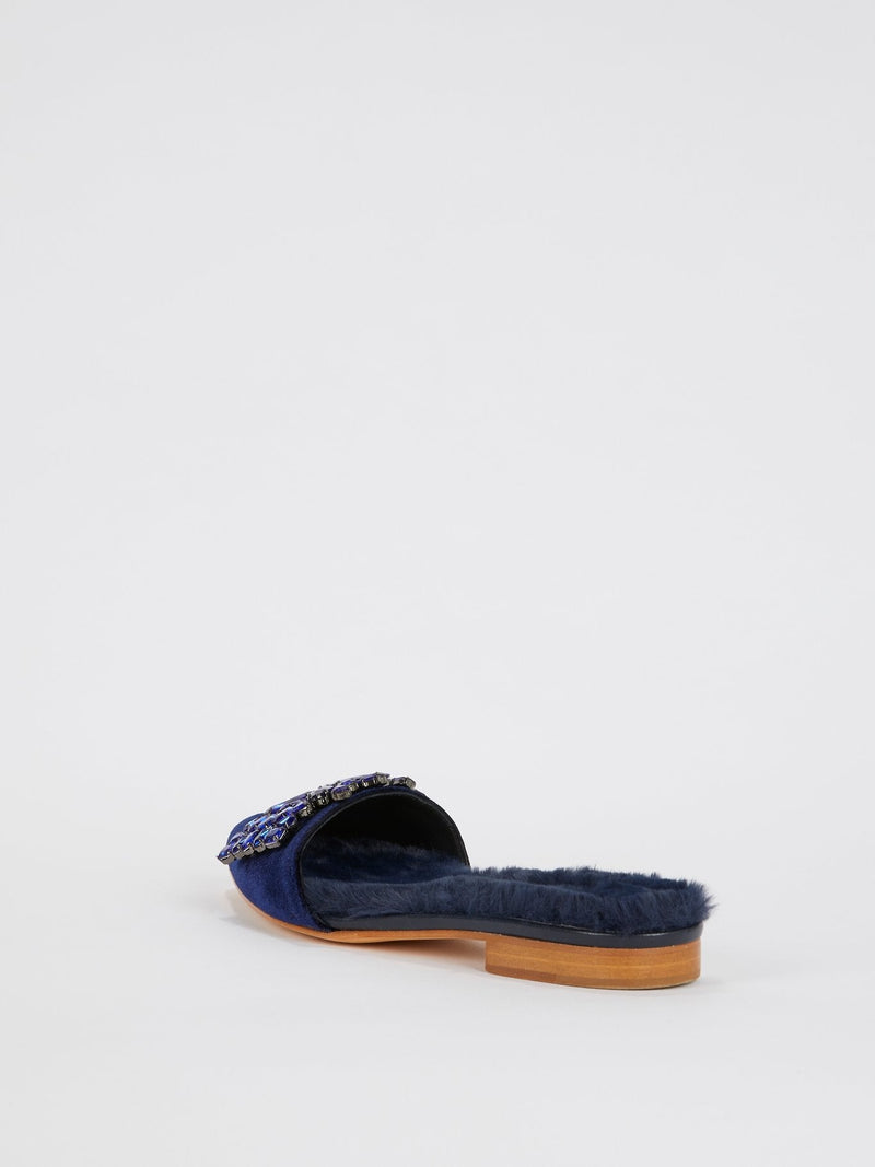 Navy Crystal Embellished Velvet Fur Mules