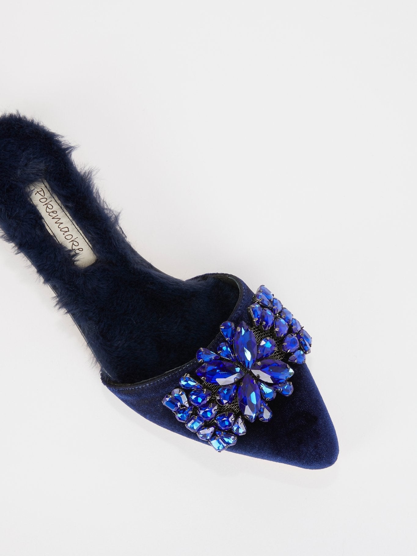 Navy Crystal Embellished Velvet Fur Mules