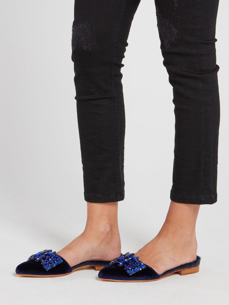 Navy Crystal Embellished Velvet Fur Mules