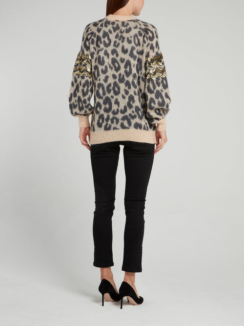 Leopard Print Sequin Panel Pullover