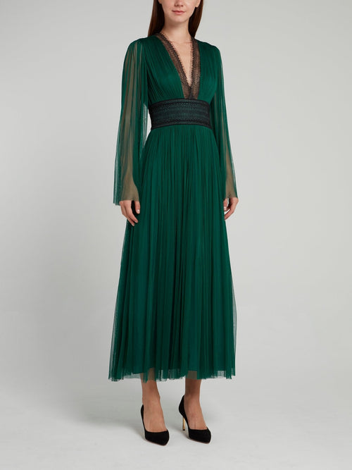 Green Lace Panel Tulle Midi Dress