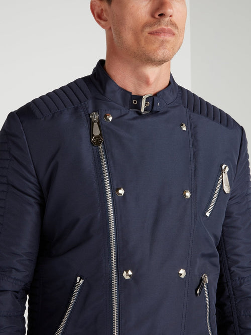 Navy Nylon Biker Jacket