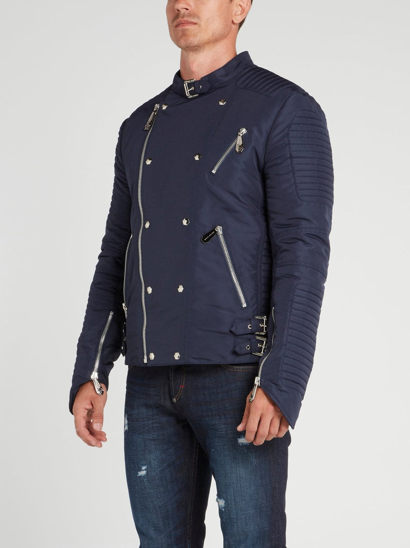 Navy Nylon Biker Jacket