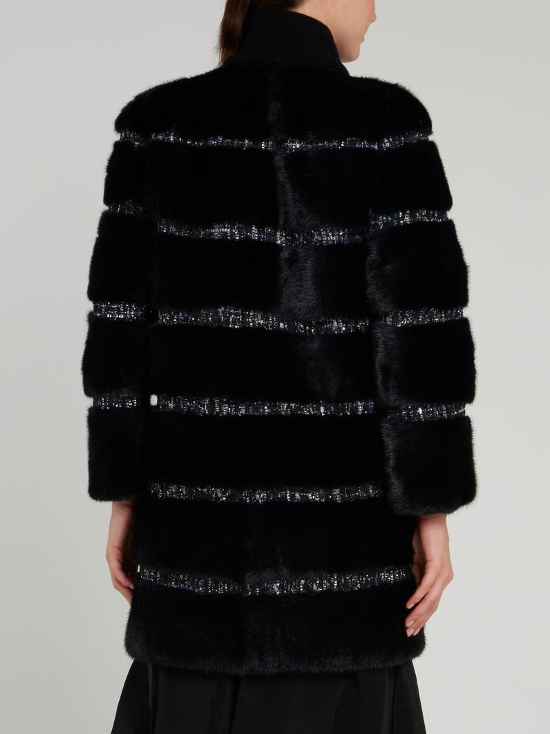 Black Tweed Striped Fur Coat