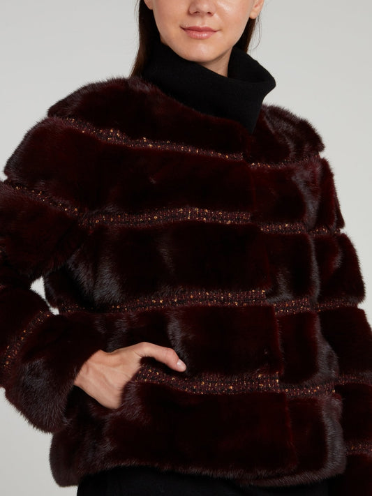 Burgundy Tweed Striped Fur Coat