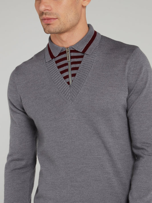 Grey Zip Neck Stripe Edge Sweater