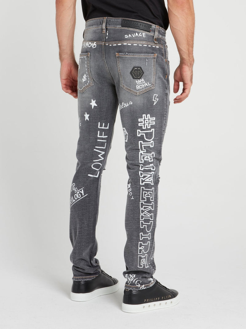 Grey Patched Graffiti Jeans