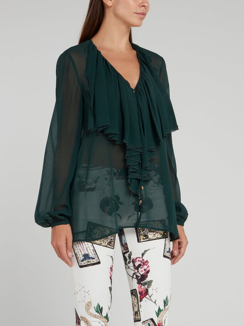 Dark Green Cascade Chiffon Blouse