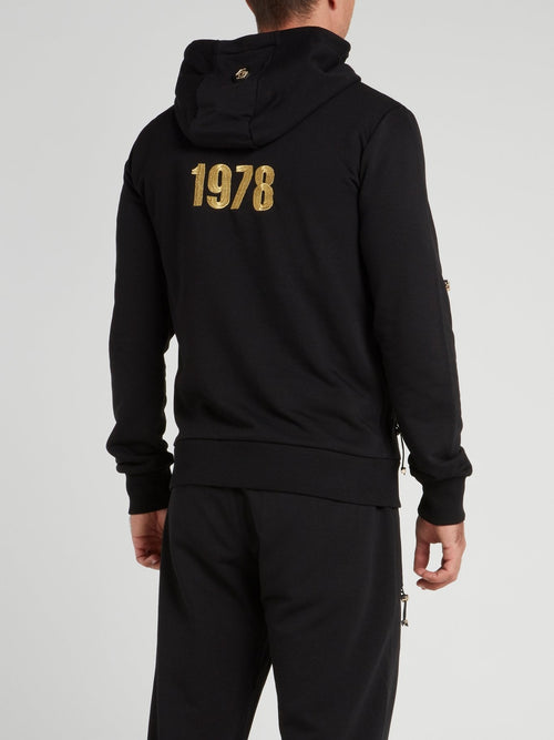 Black Logo Embellished Drawstring Hoodie