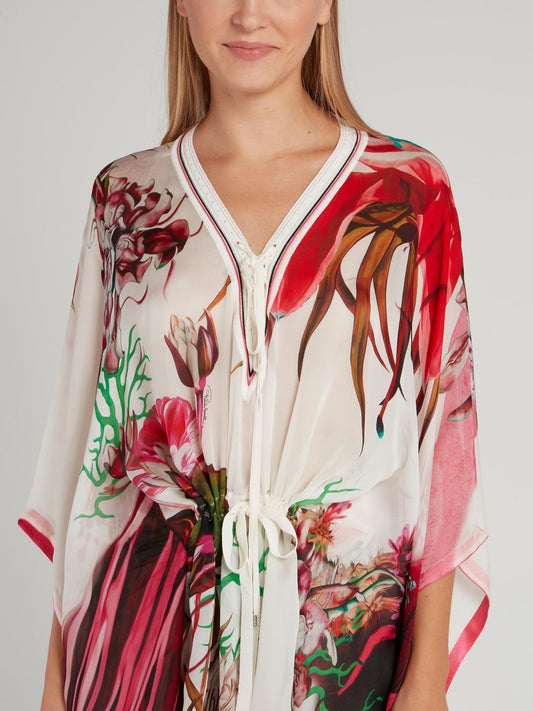 Floral Printed Silk Chiffon Short Kaftan