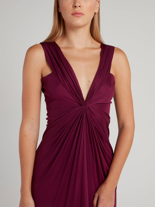 Burgundy Draped Plunge Maxi Dress