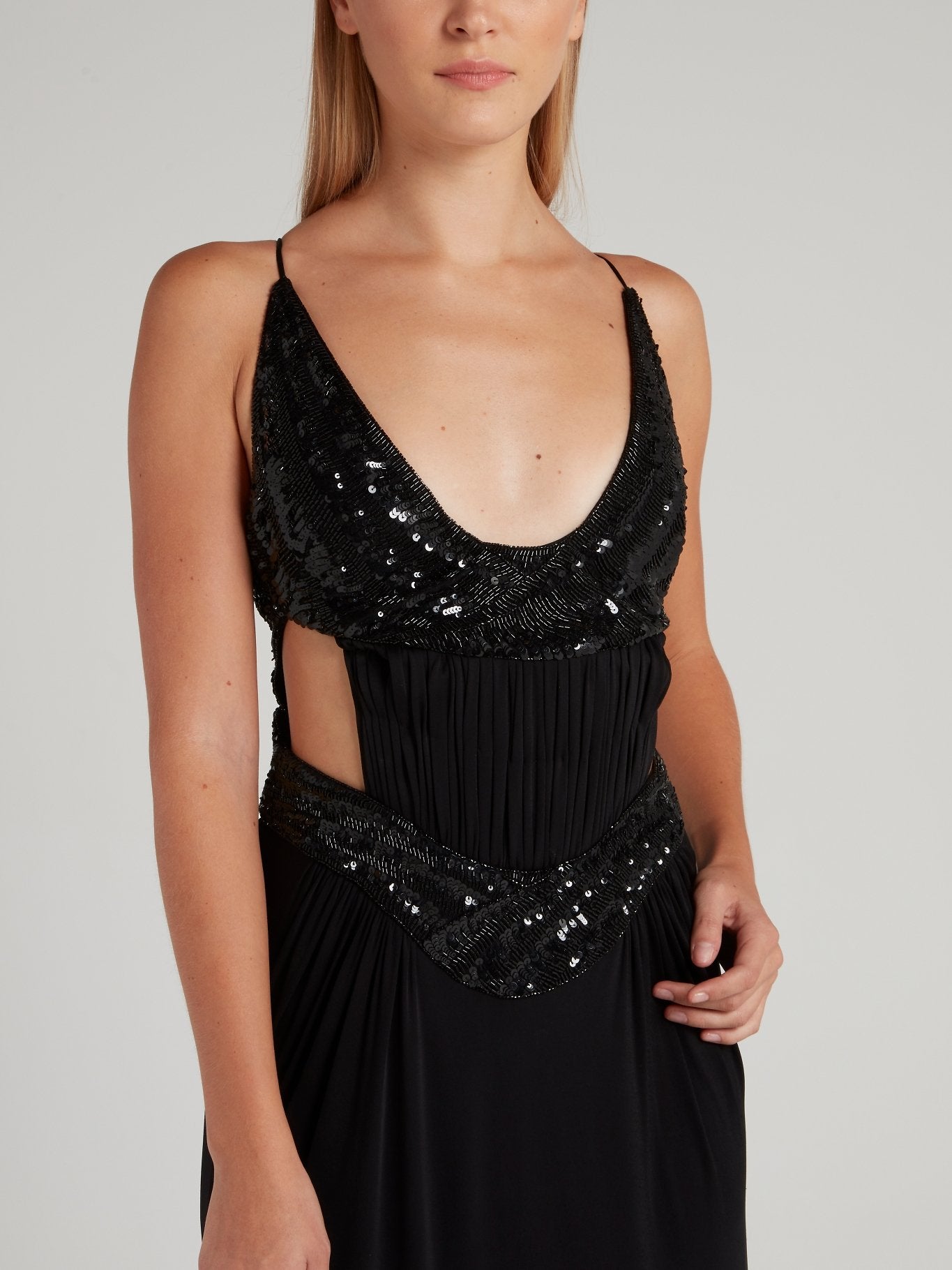 Black Embellished Backless Plunge Maxi Dress