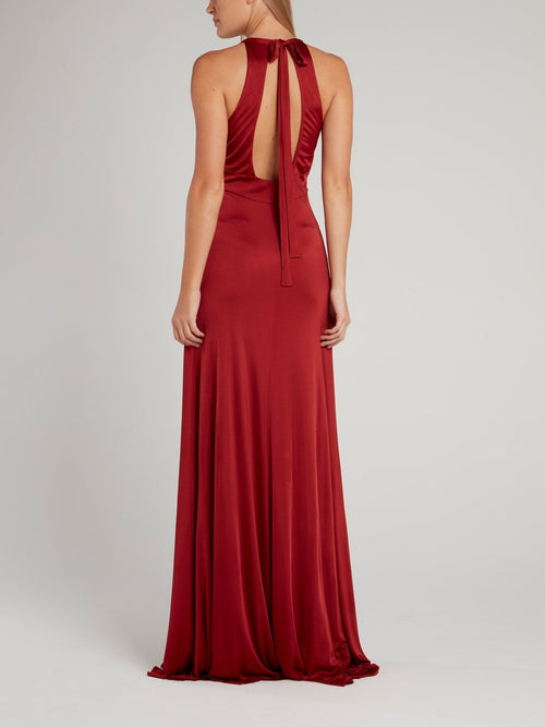 Red Halter Crepe Maxi Dress