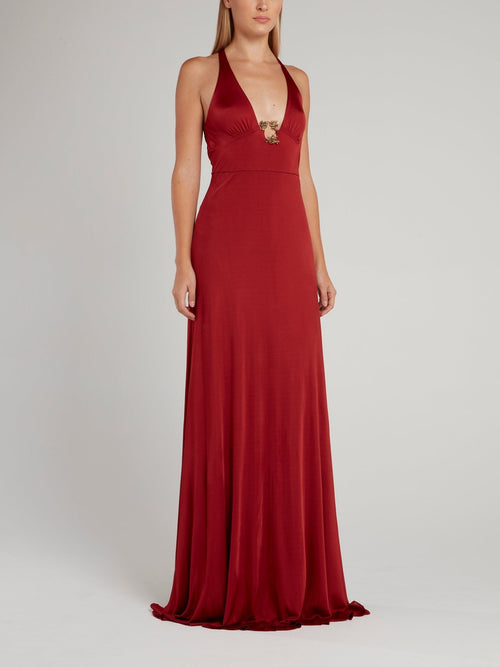 Red Halter Crepe Maxi Dress