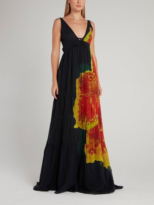 Black Flower Printed Empire Maxi Dress