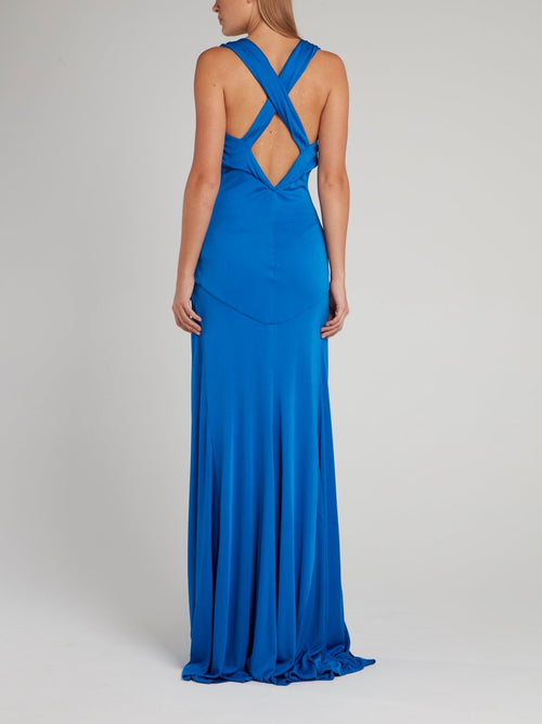 Blue Cross Back Plunge Maxi Dress