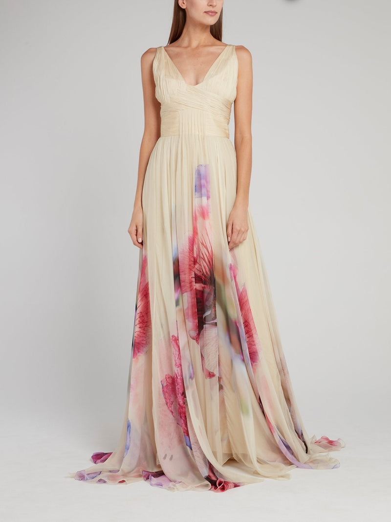 Beige Floral Print Flared Maxi Dress