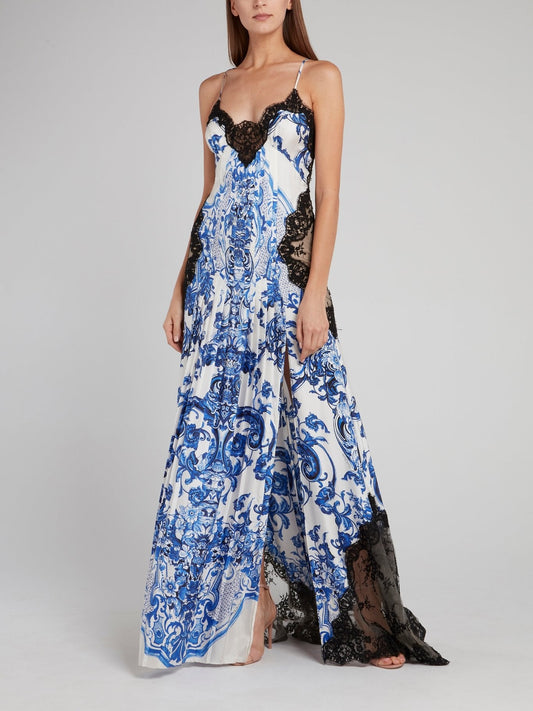 Blue Lace Panel Maxi Dress