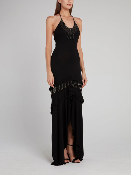 Black Embellished Frill Maxi Dress