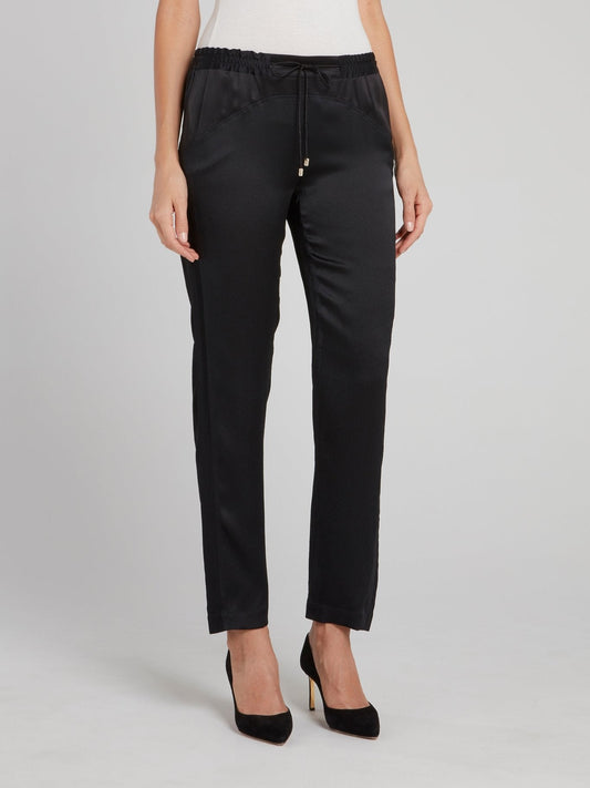 Black Satin Panel Straight Cut Pants