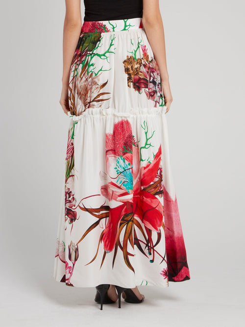 White Floral Printed Flared Maxi Skirt