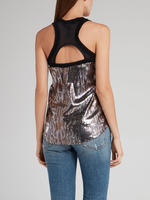 Sequin Embroidered Metallic Animal Print Tank Top