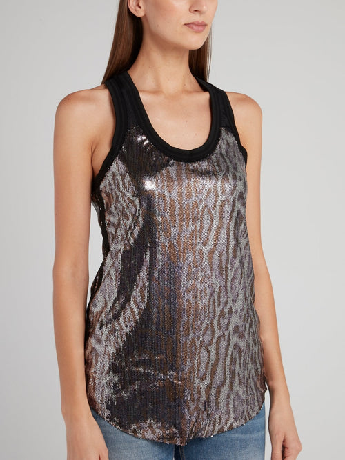 Sequin Embroidered Metallic Animal Print Tank Top