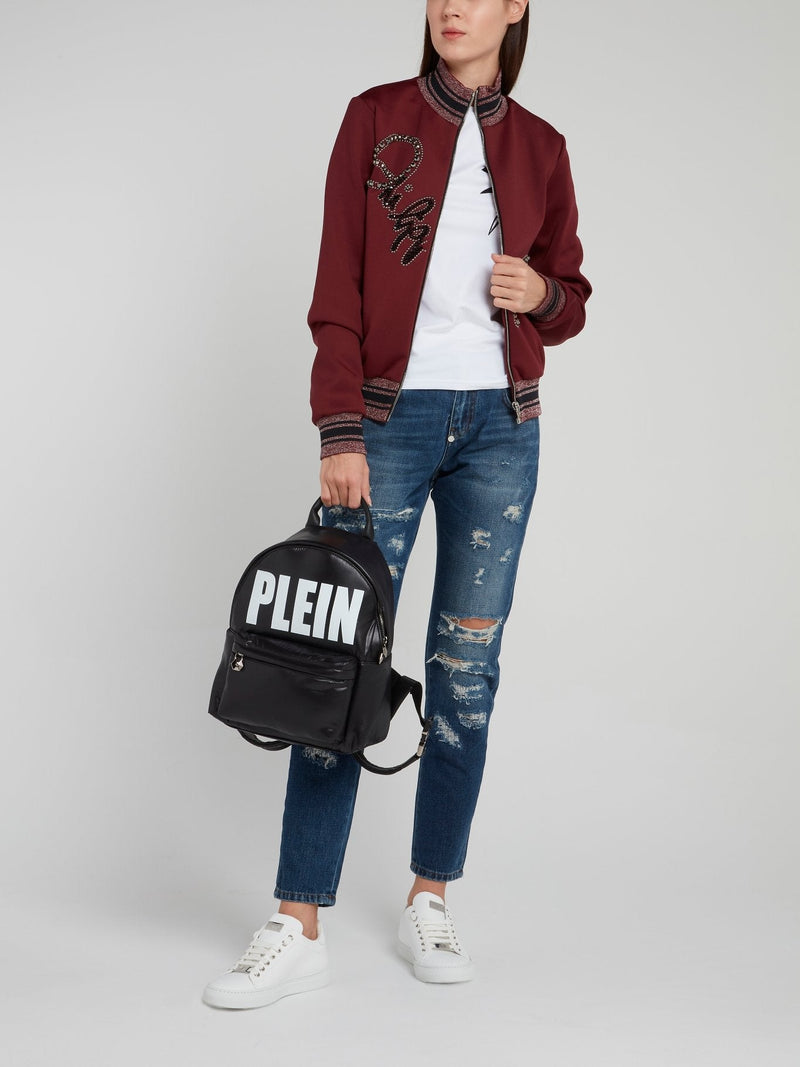 Burgundy Embellished Logo High Neck Jacket