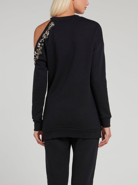 Navy Crystal Studded Cold Shoulder Sweatshirt