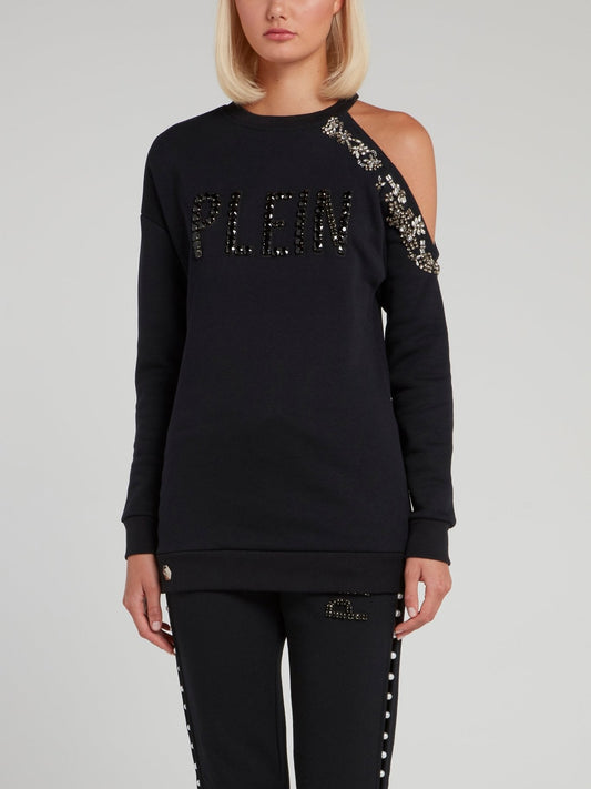 Navy Crystal Studded Cold Shoulder Sweatshirt