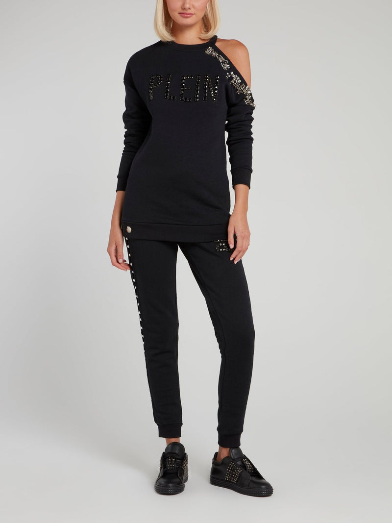 Navy Crystal Studded Cold Shoulder Sweatshirt