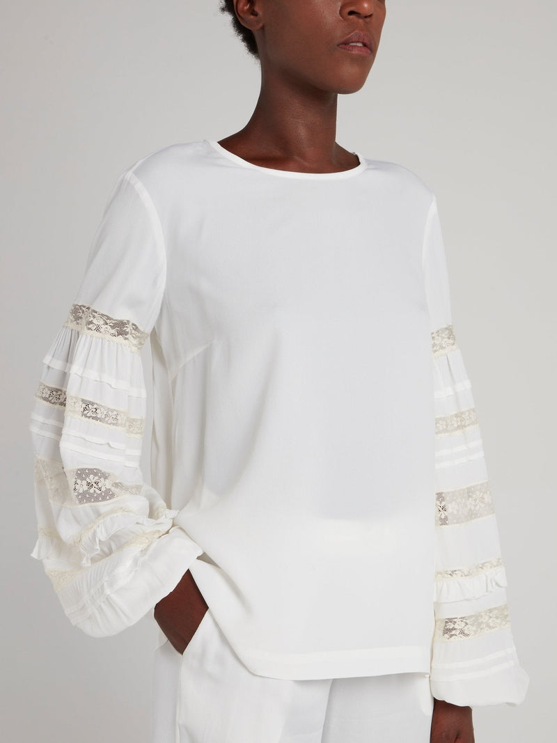 White Lace Panel Lantern Sleeve Top