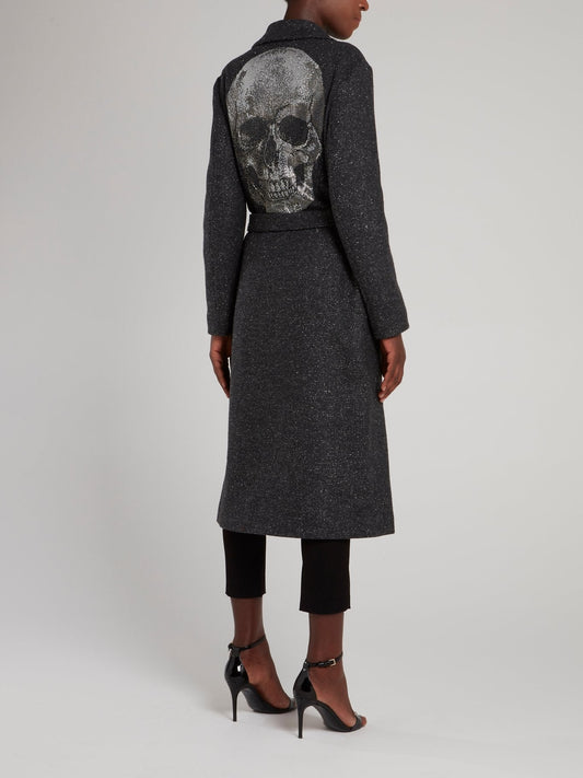 Grey Glitter Fabric Tie Front Long Coat