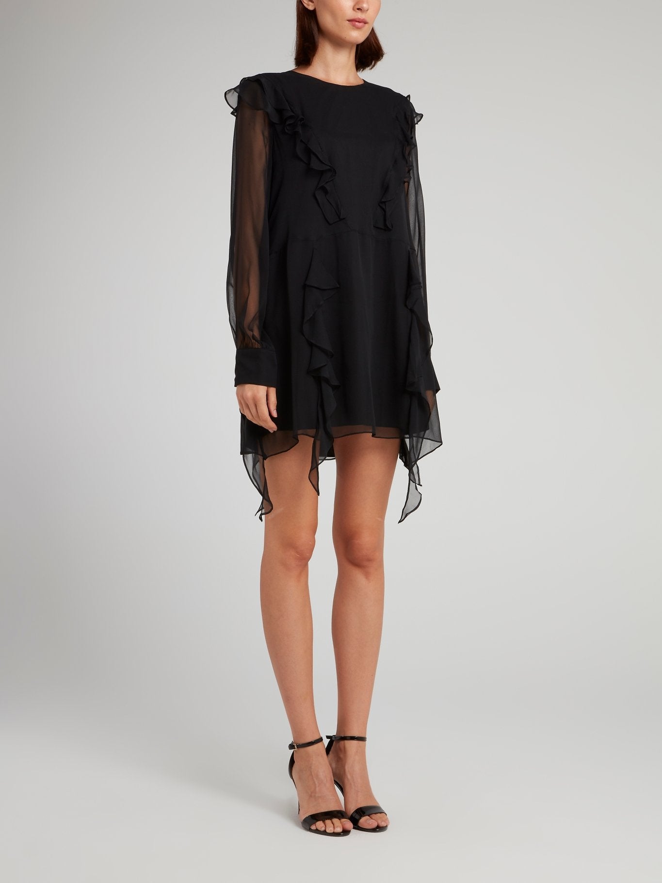 Black Mesh Panel Ruffle Mini Dress