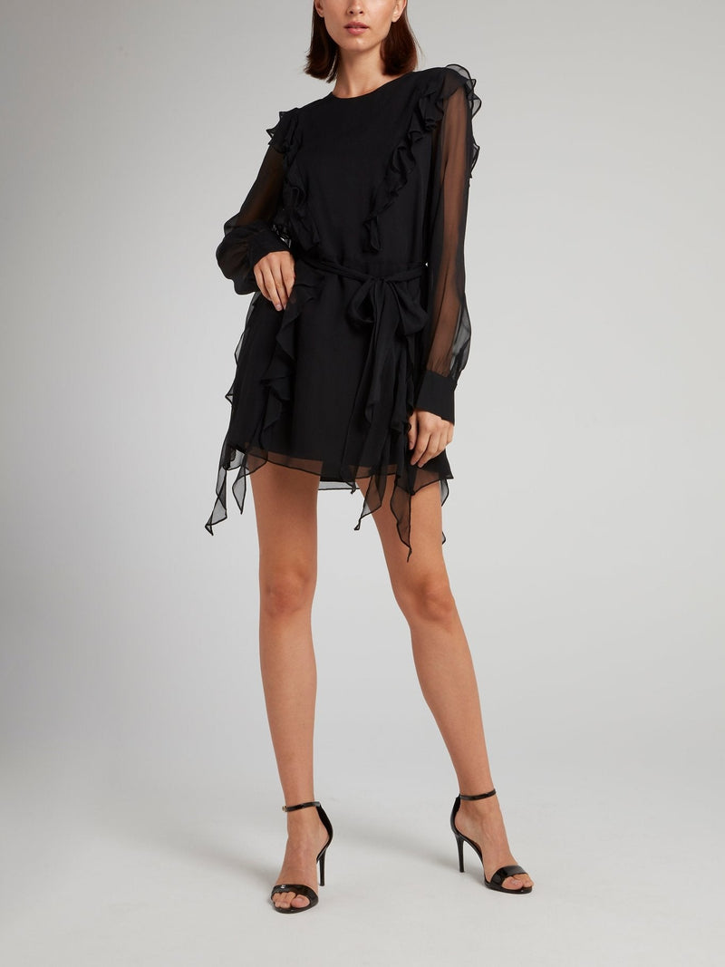 Black Mesh Panel Ruffle Mini Dress