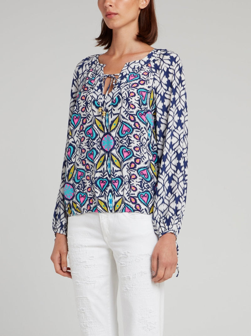 Printed Drawstring Long Sleeve Top