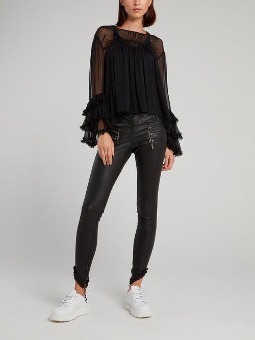 Black Mesh Panel Frill Blouse