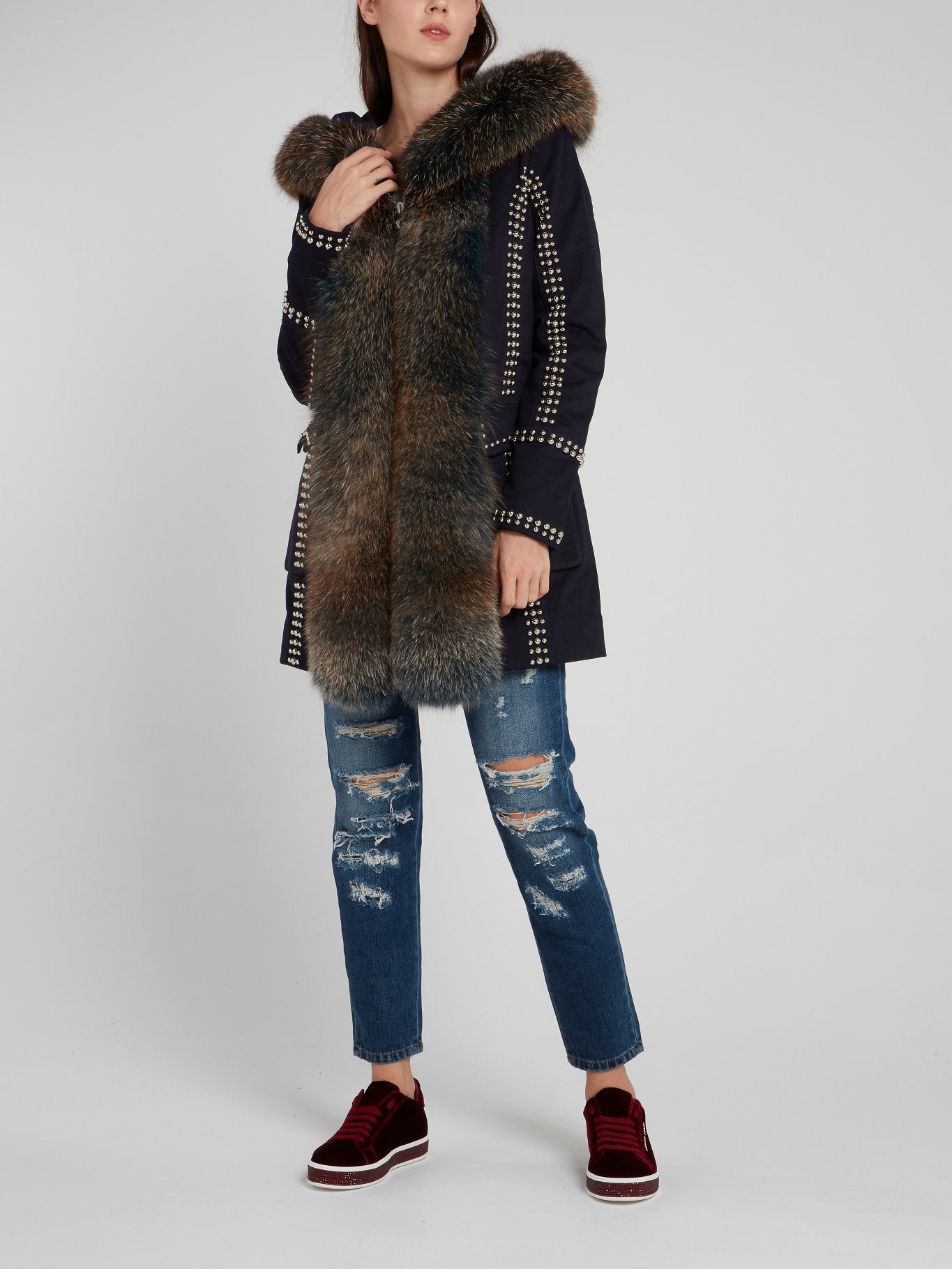 Navy Fur Panel Studded Parka